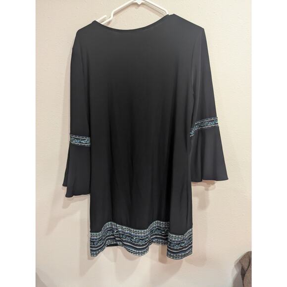 Black tunic style peasant top w/bell sleeves & teal ribbon trim size Large - Picture 7 of 11